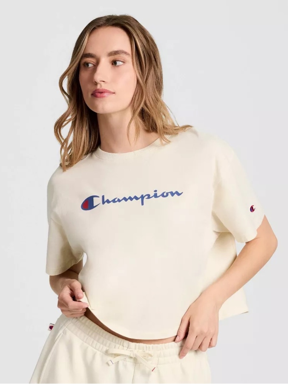 Champion Cream Crop Tee with Navy Logo